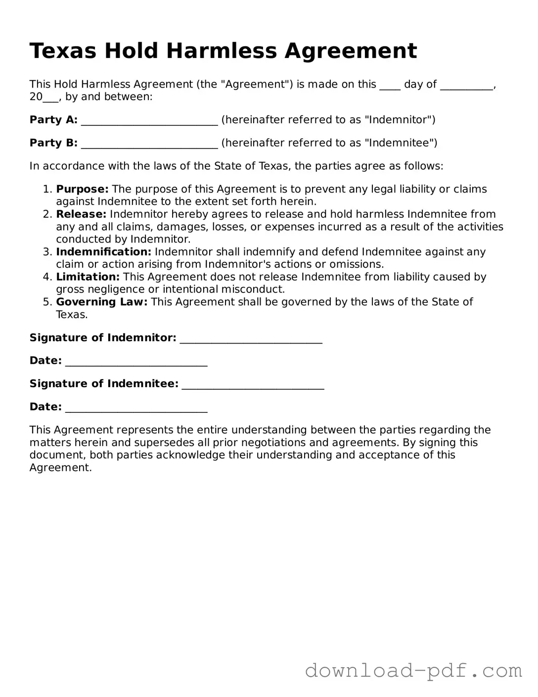 Texas Hold Harmless Agreement Document