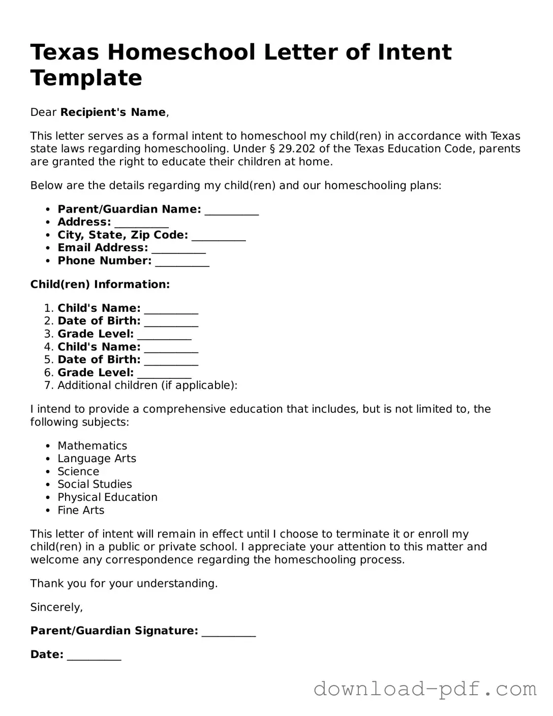 Texas Homeschool Letter of Intent Document