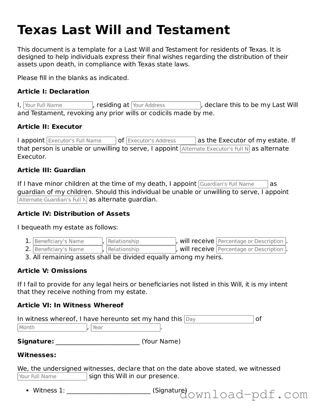 Texas Last Will and Testament Document