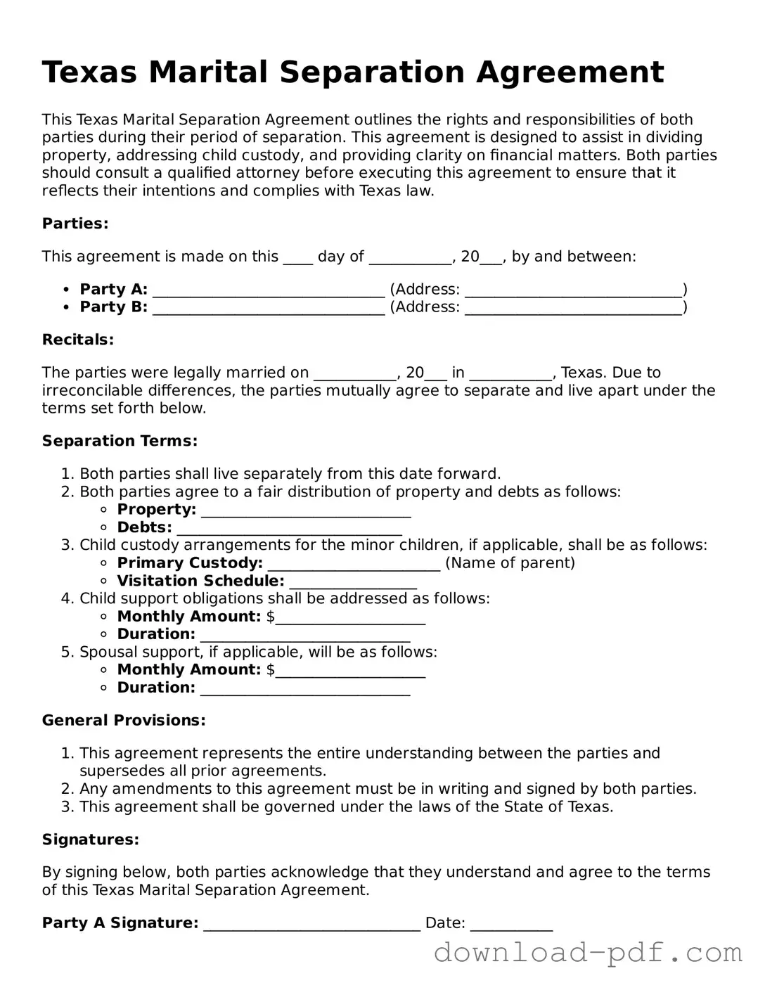 Texas Marital Separation Agreement Document