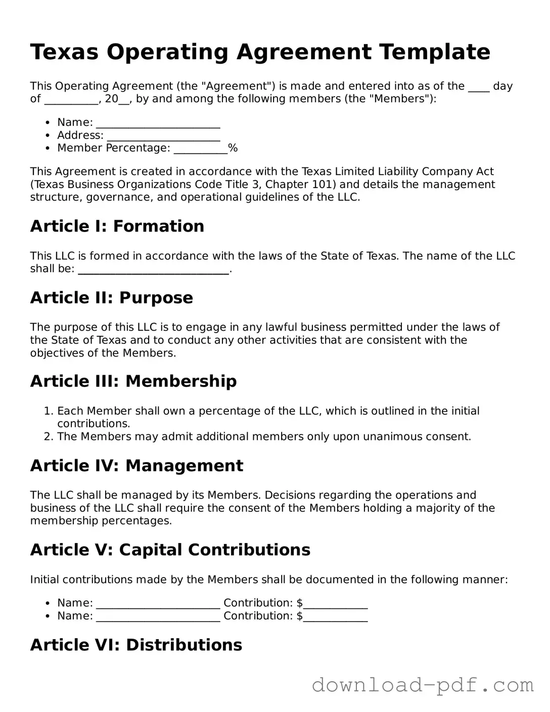 Texas Operating Agreement Document