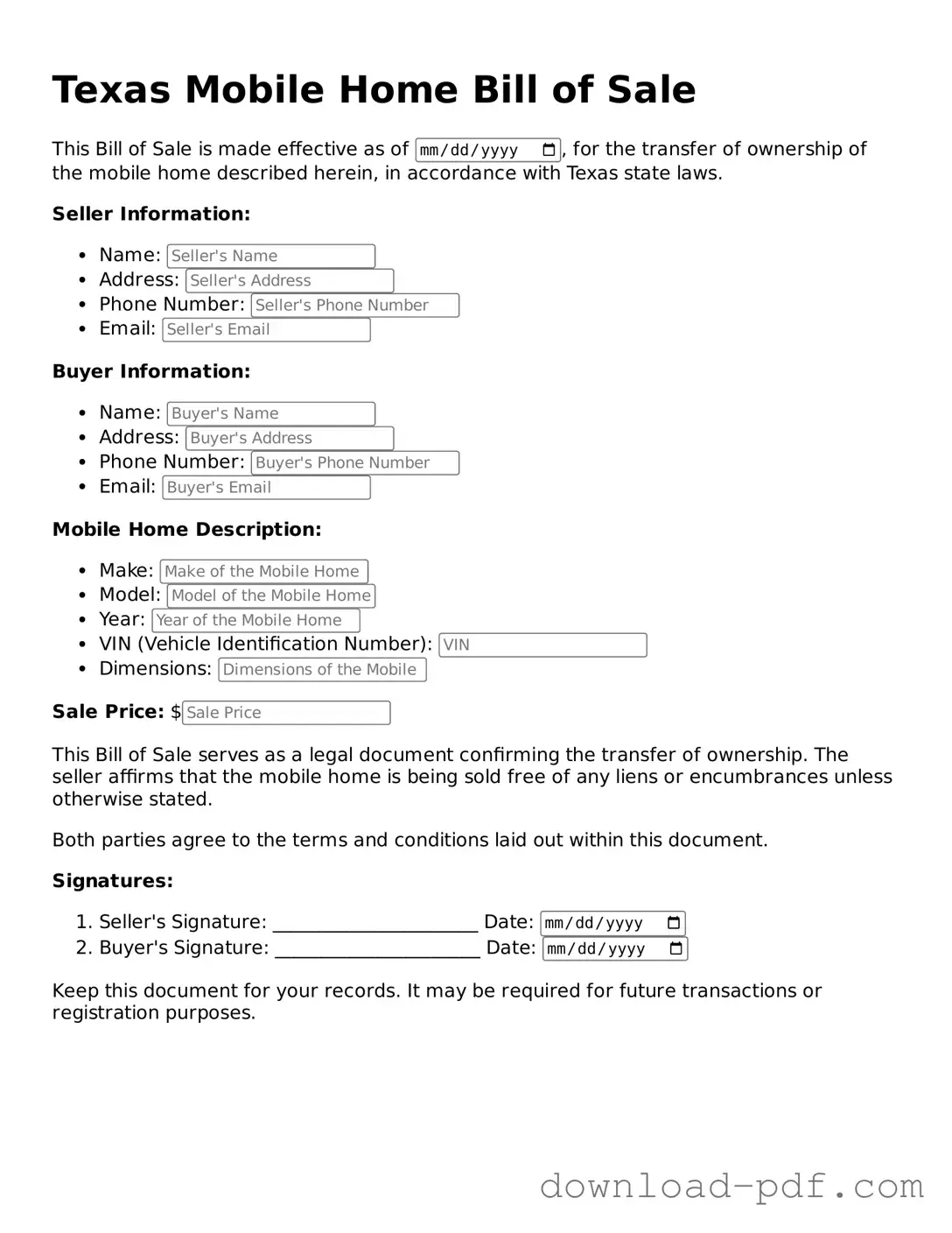 Texas Mobile Home Bill of Sale Document