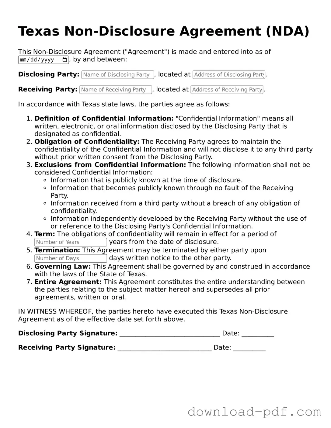 Texas Non-disclosure Agreement Document