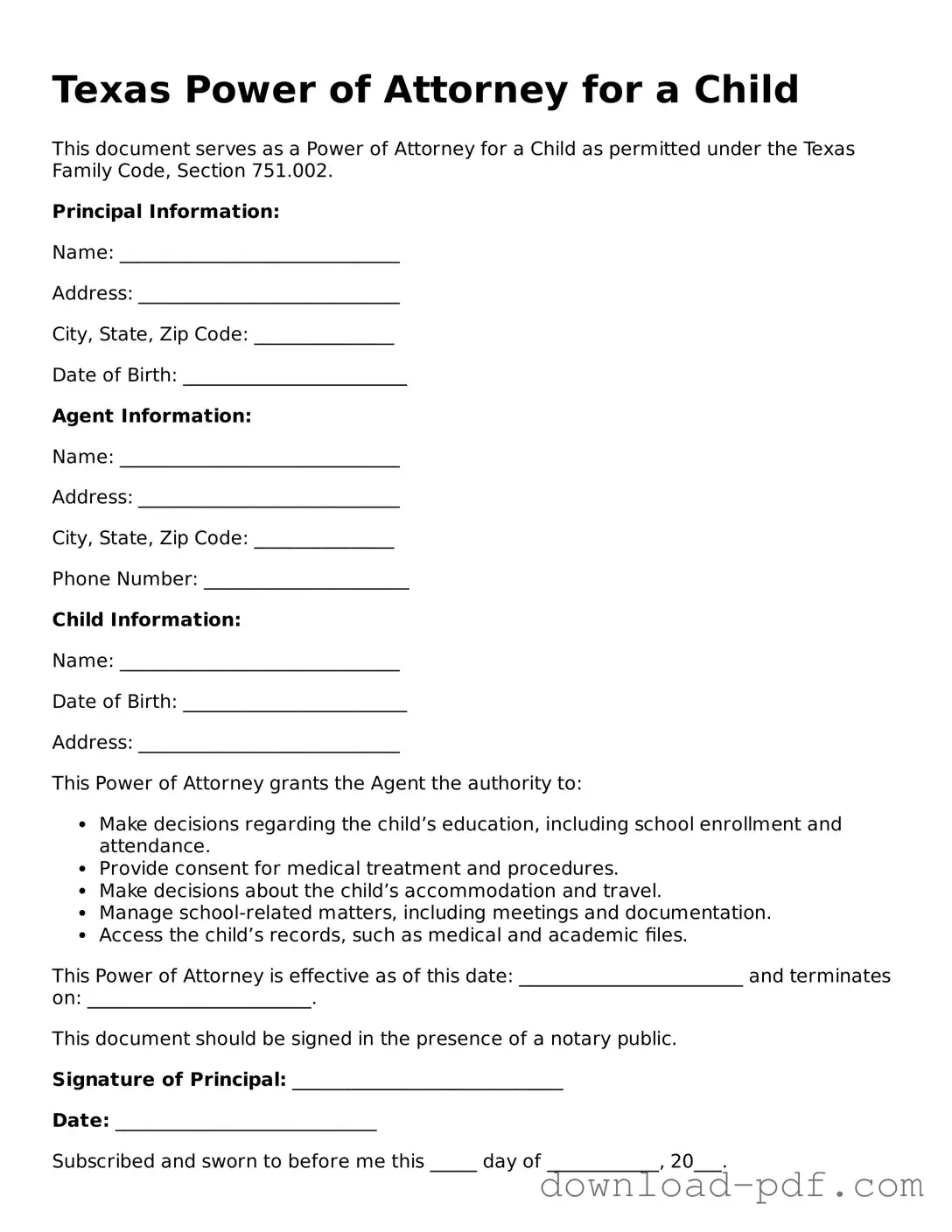Texas Power of Attorney for a Child Document