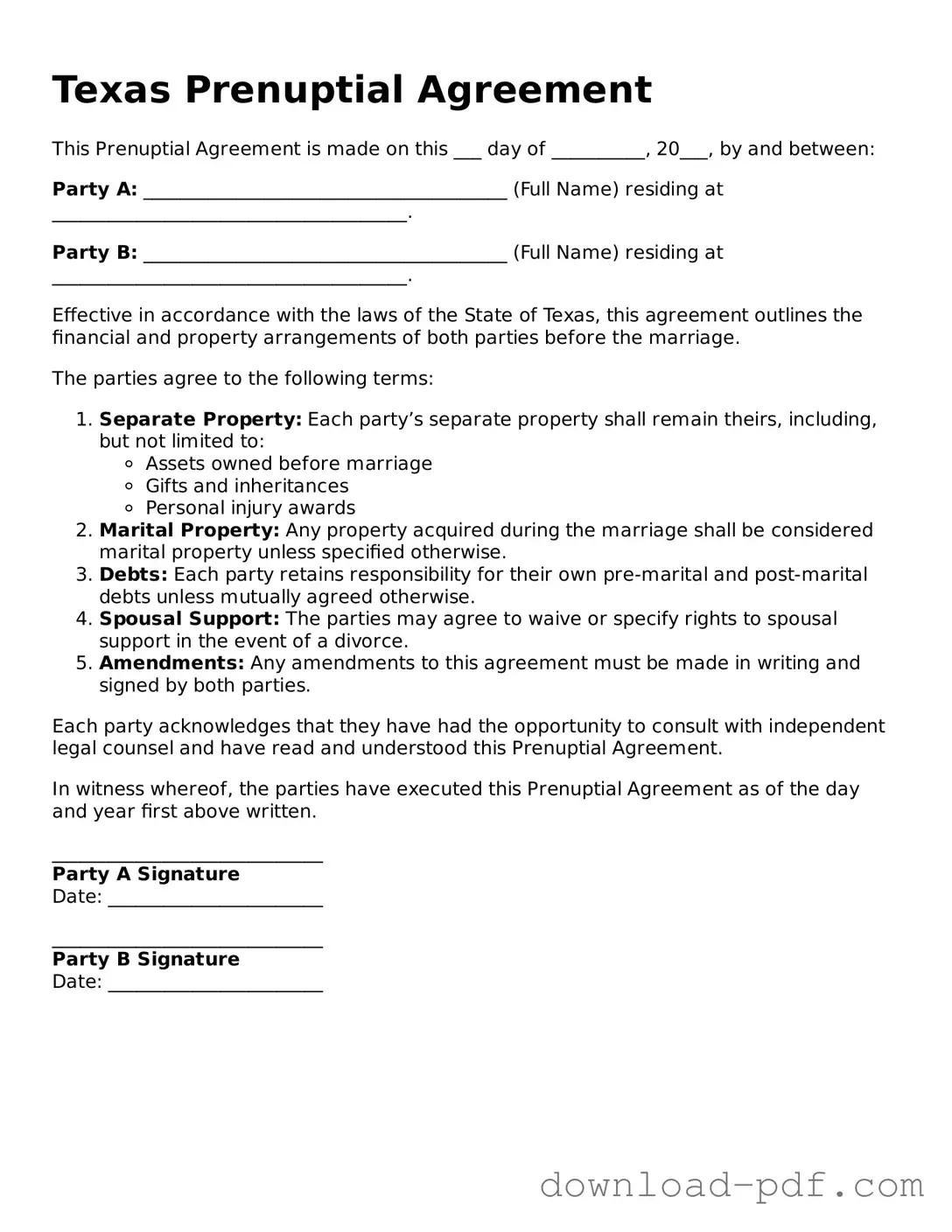 Texas Prenuptial Agreement Document