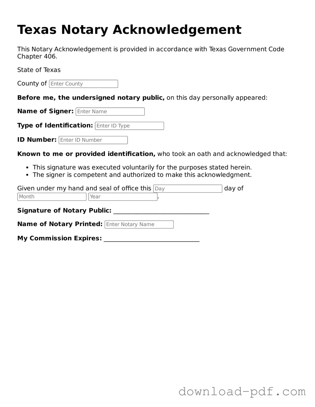 Texas Notary Acknowledgement Document