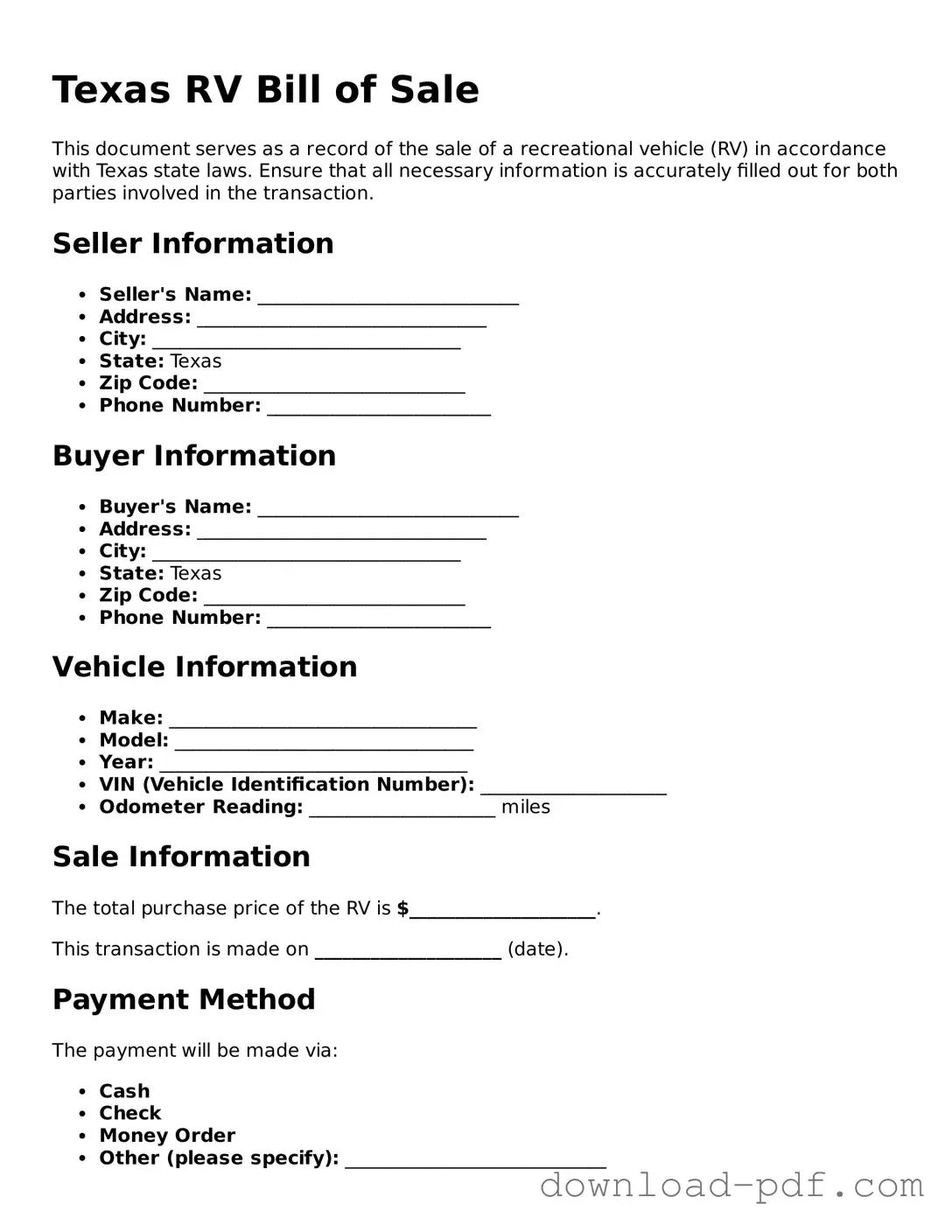 Texas RV Bill of Sale Document