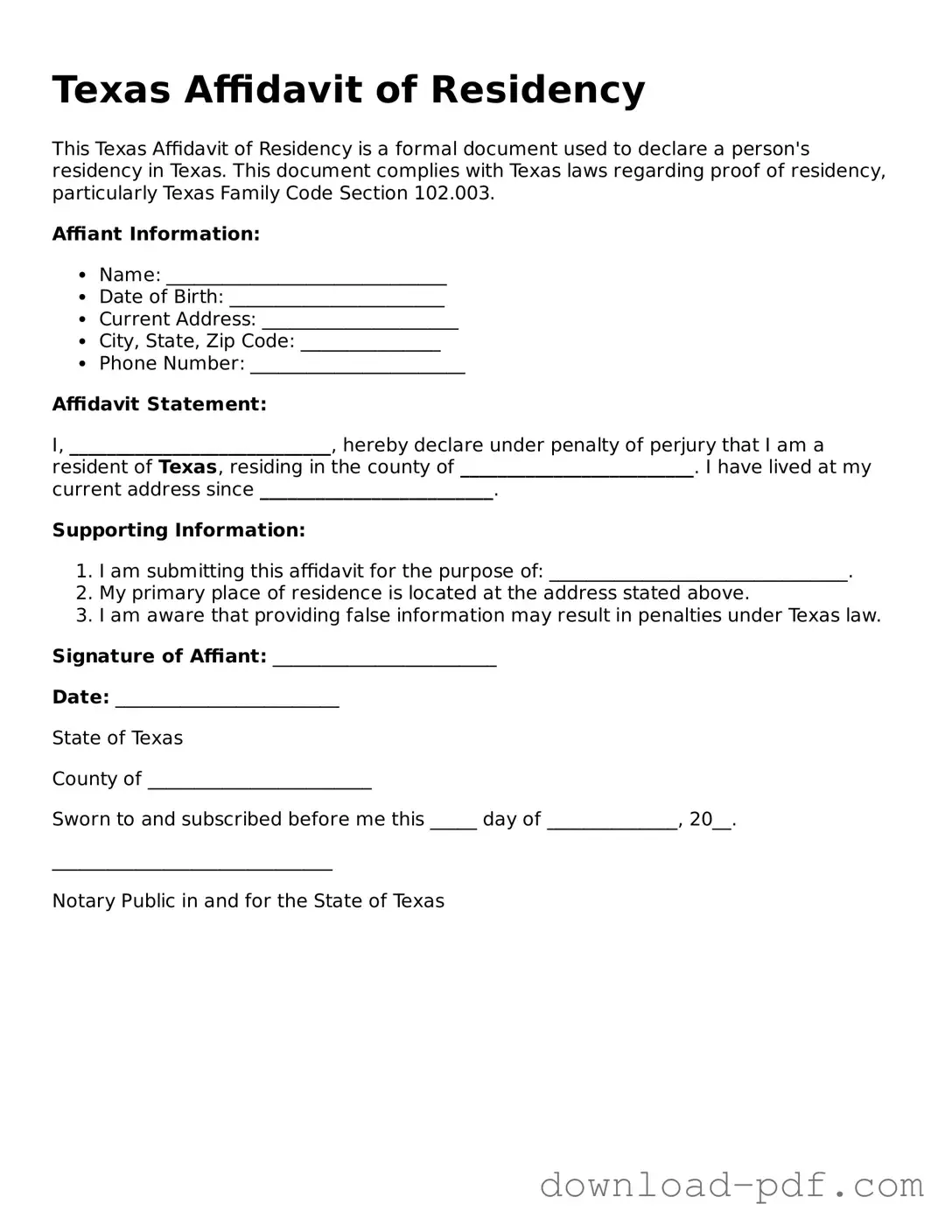 Texas Affidavit of Residency Document