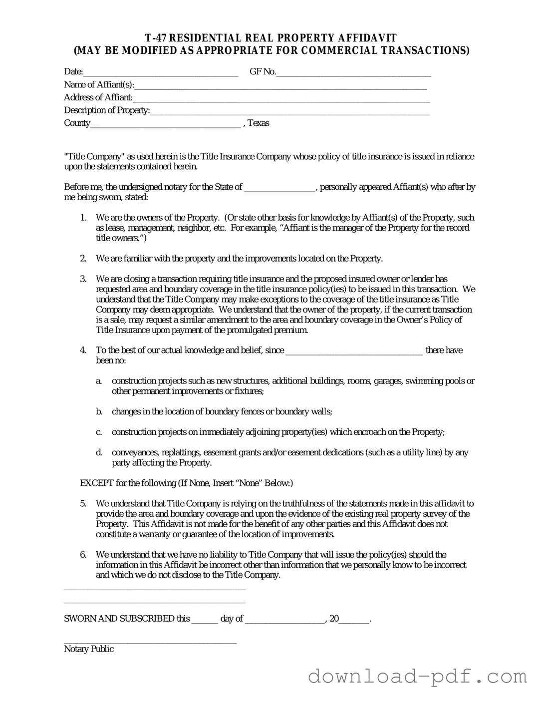 Get Texas residential property affidavit T-47 Template in PDF