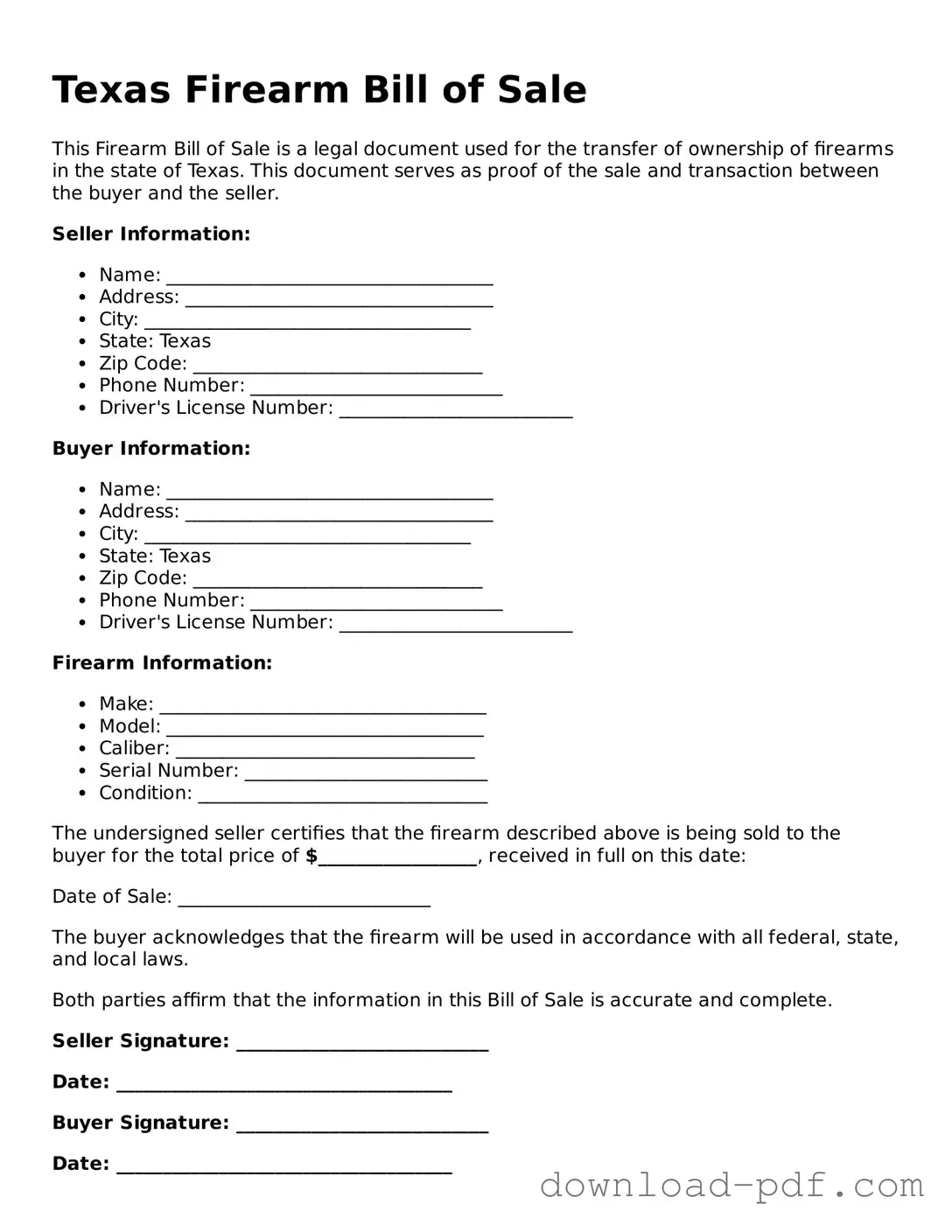 Texas Firearm Bill of Sale Document