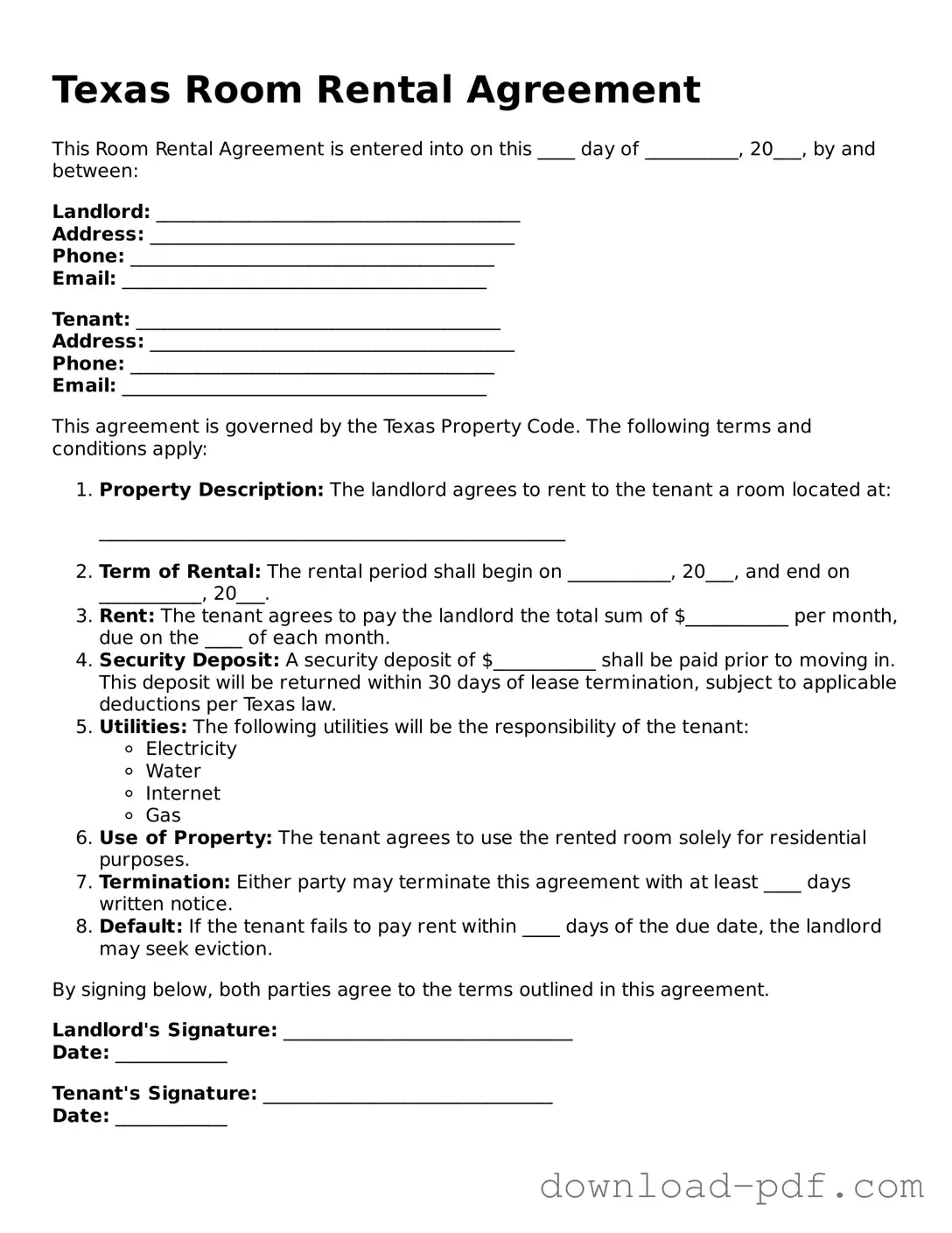 Texas Room Rental Agreement Document