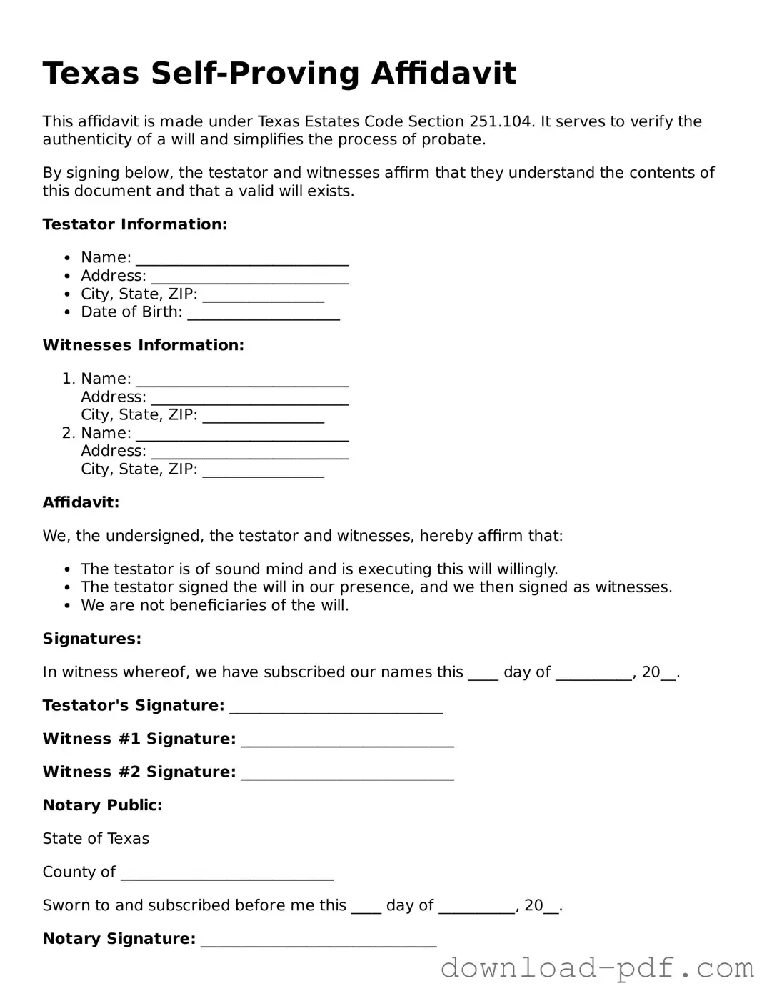 Texas Self-Proving Affidavit Document