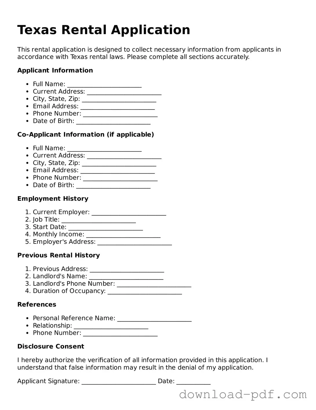 Texas Rental Application Document