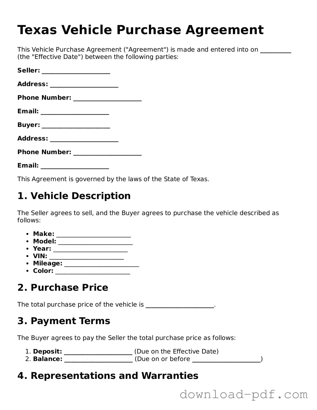 Texas Vehicle Purchase Agreement Document