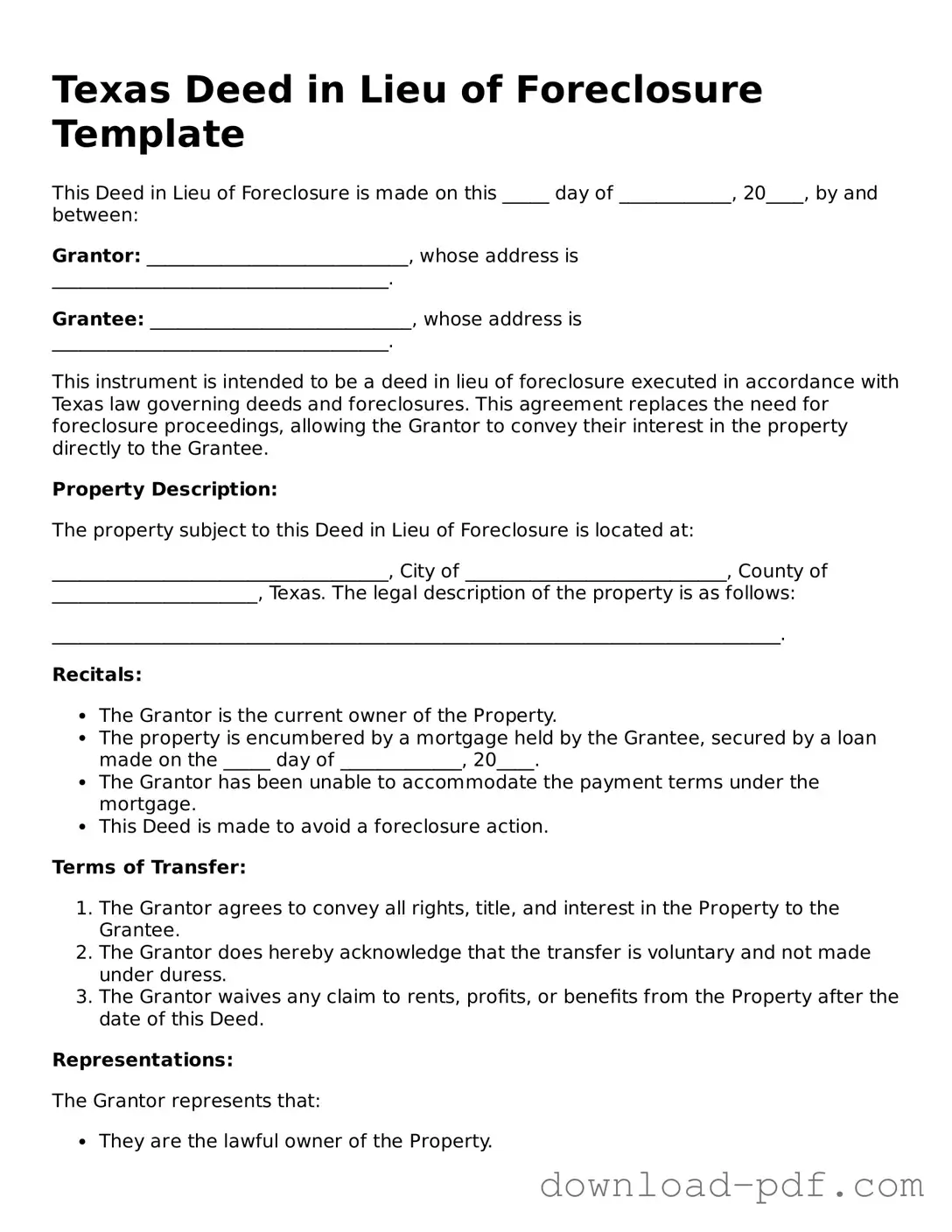 Texas Deed in Lieu of Foreclosure Document