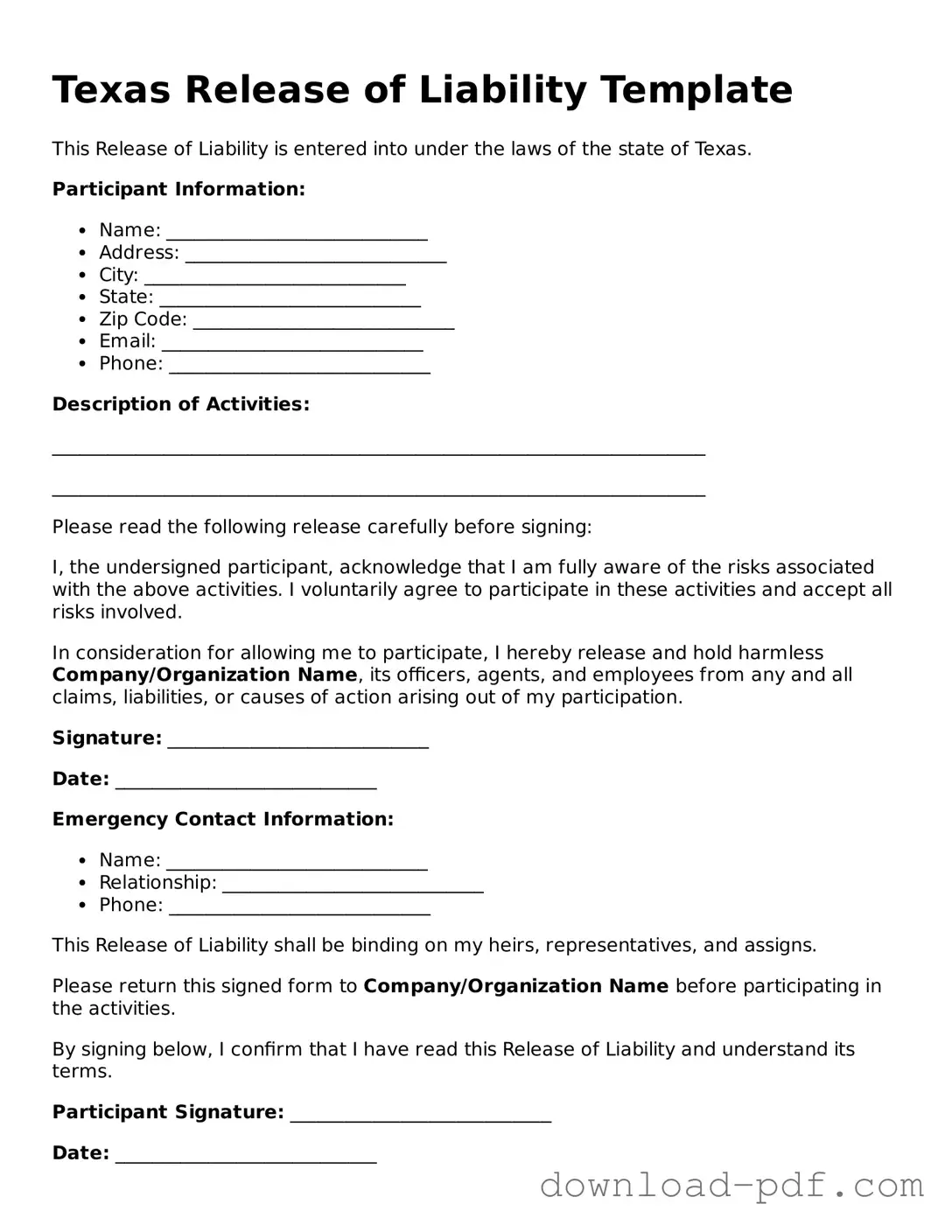 Texas Release of Liability Document