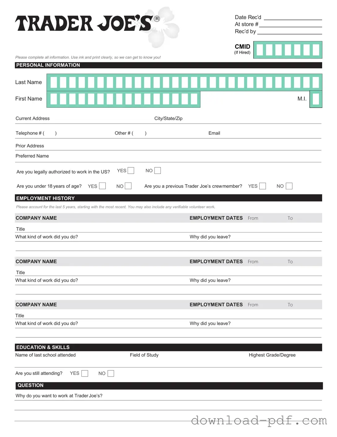 Get Trader Joe's application Template in PDF