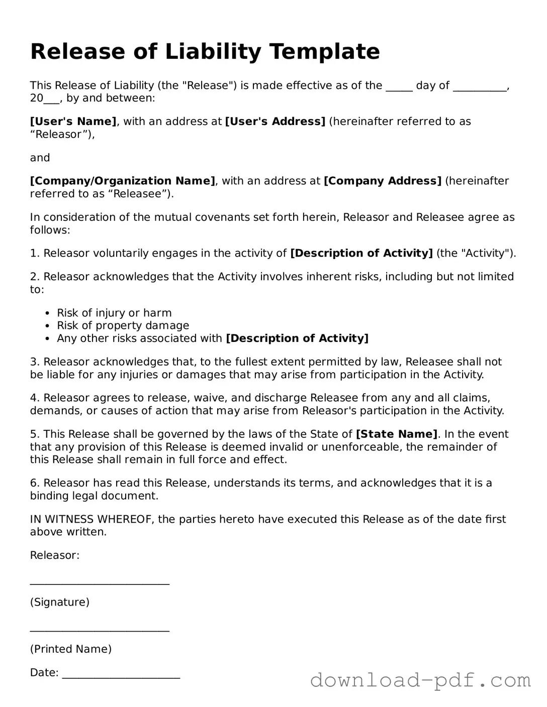 Free Release of Liability Template