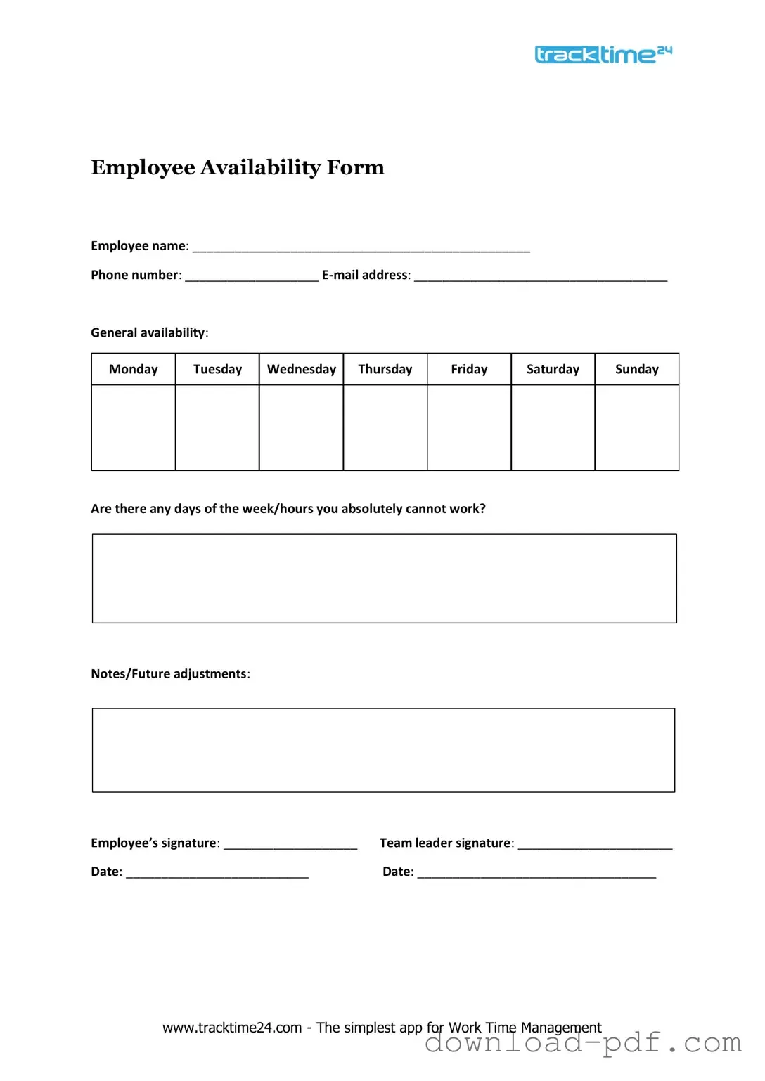 Get Employee Availability Template in PDF